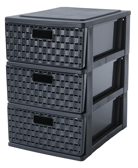 Sundis Country Schubladenbox mit 3 Schübe in Rattan-Optik, Kunststoff (PP), schwarz, A5 (26 x 18,5 x 28 cm)