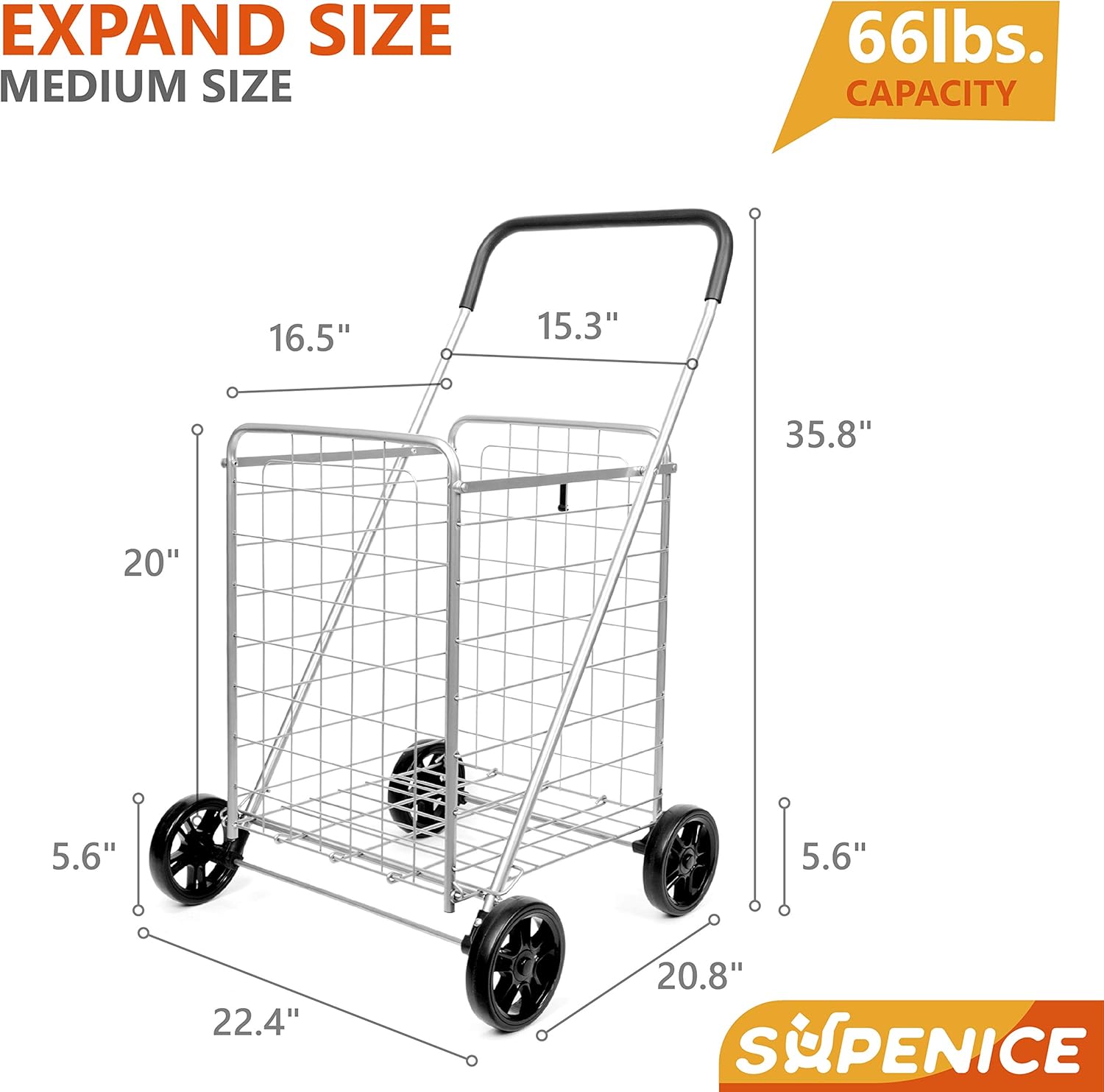 supenice Grocery Utility Shopping Cart - Deluxe Utility Cart with Oversized Basket and Tool Free Installation Light Weight Folding Cart with Wide Cushion Handle Bar for Laundry Book Luggage Travel: Home & Kitchen