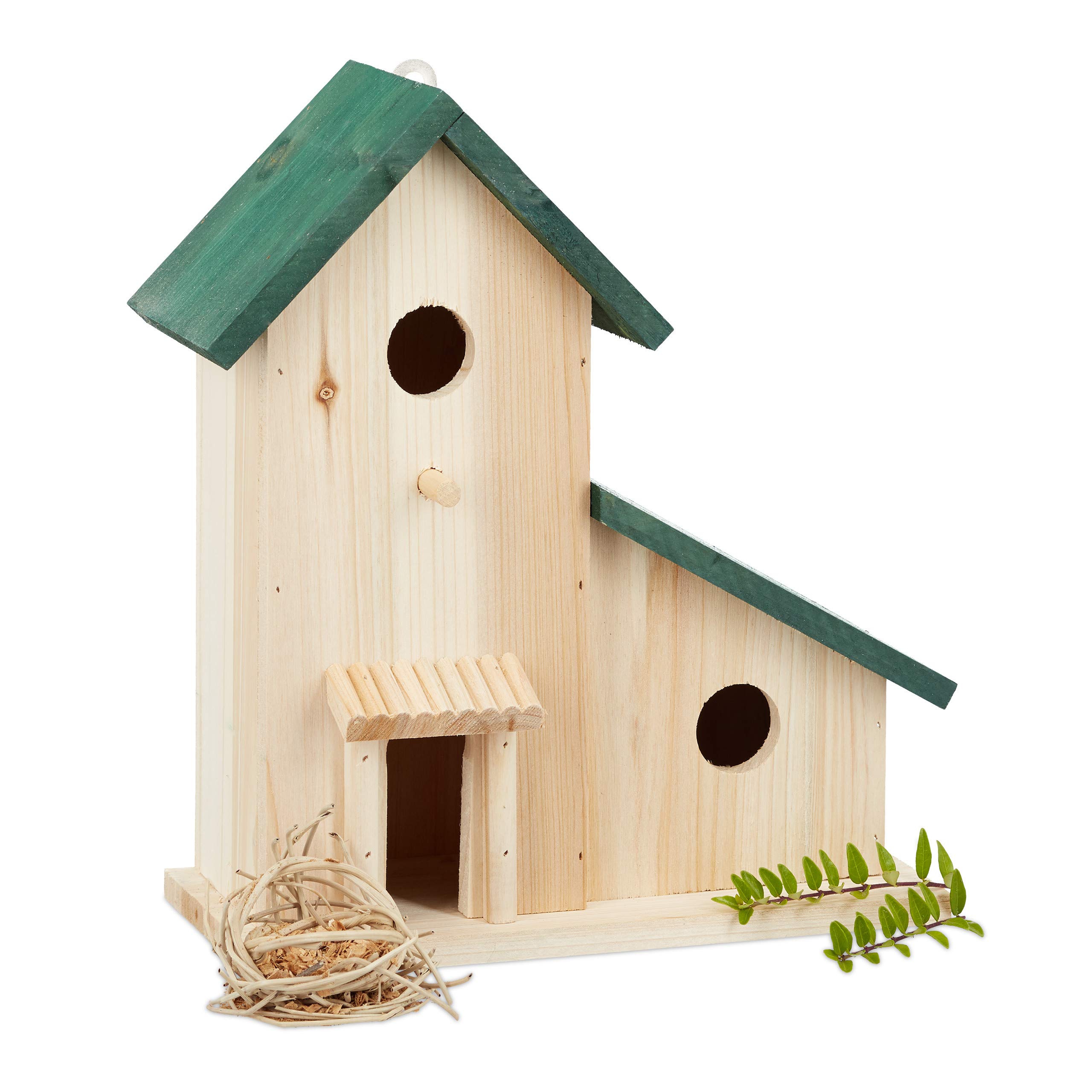 Relaxdays Wooden Birdhouse Mansion, Nesting Box, Decorative Breeding Aid for Balcony or Garden, HxWxD: 30.5 x 26 x 12 cm, Green