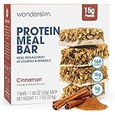 Wonderslim Meal Replacement Protein Bars, Low Calorie &ndash; 7ct (Cinnamon) | 15g Protein, 5g Fiber, 20 Vitamins &amp; Minerals &ndash; 160 Calories, Low Carb Meal Bar &ndash; Made in the USA &ndash; Individually Wrapped