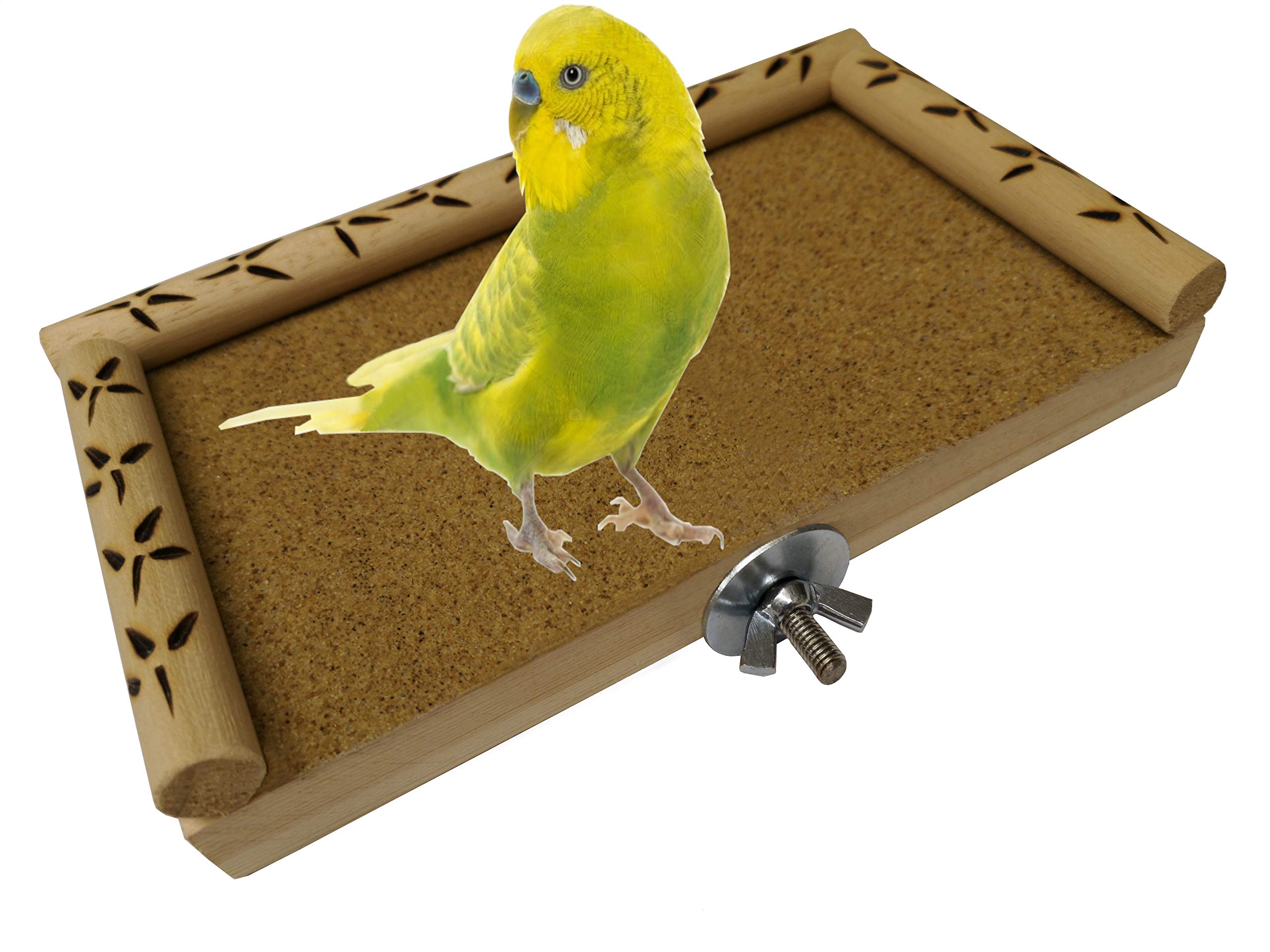 Bird platform stand perch cage accessory - natural wood, dowling perimeter with burn in footstep pattern, bolt, washer and grit mat provided. An essential cage accessory!