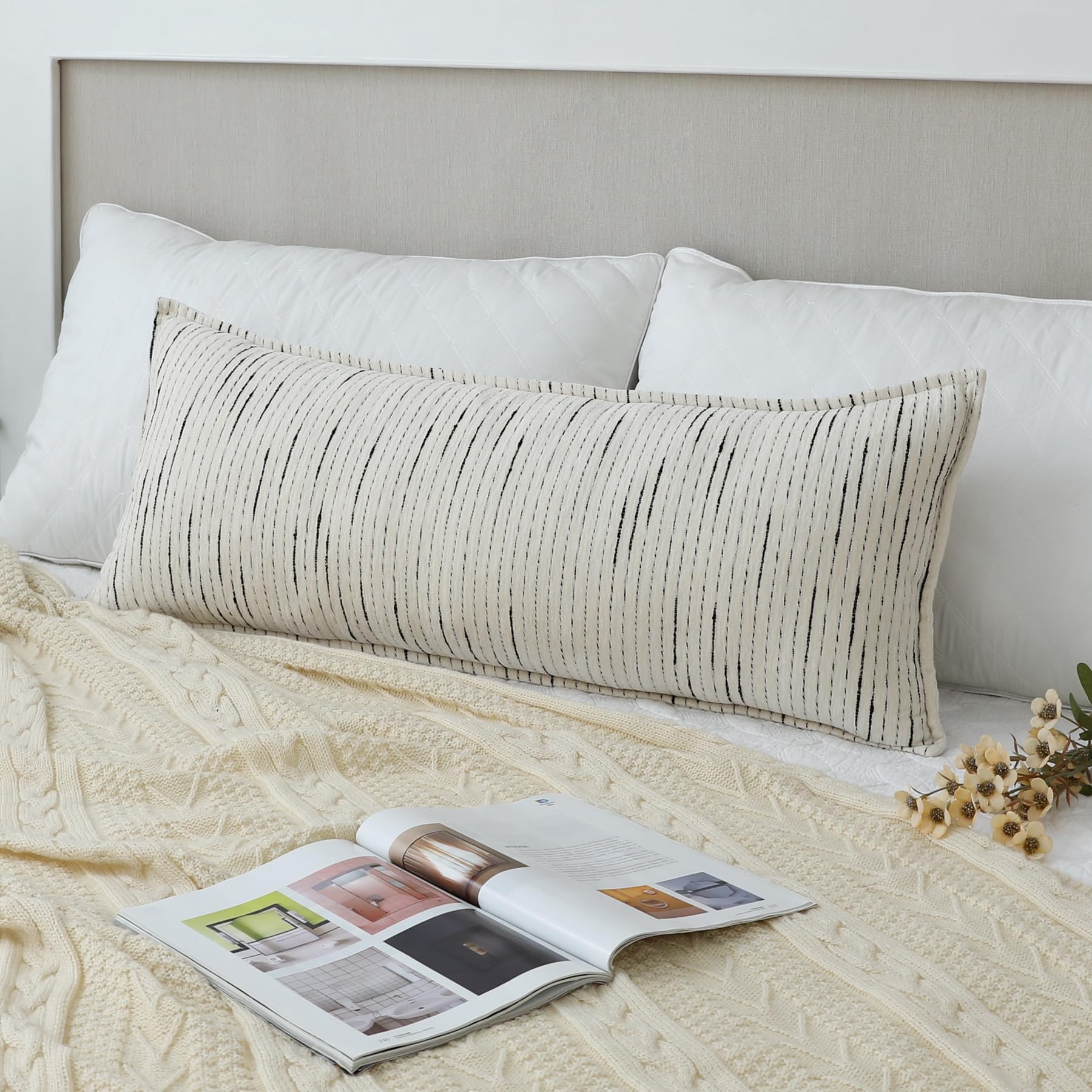 LIGICKY Boho Long Lumbar Pillow Covers 14x36Inch Black and White Pillowcase Decorative Chenille Pillow Cover Rectangle Pillow Sham for Couch Sofa Bed Car