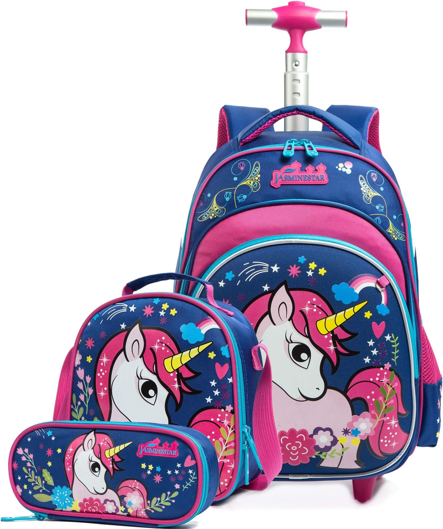 HTgroce Girls Rolling Backpack with Wheels,Trolley School Bag Water Resistant Travel Luggage for Kids and Students,Unicorn