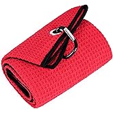 Mile High Life Tri-fold Golf Towel | 16" X 24" | Premium Microfiber Fabric | Waffle Pattern | with Heavy Duty Carabiner Clip | for Men and Women (Red)