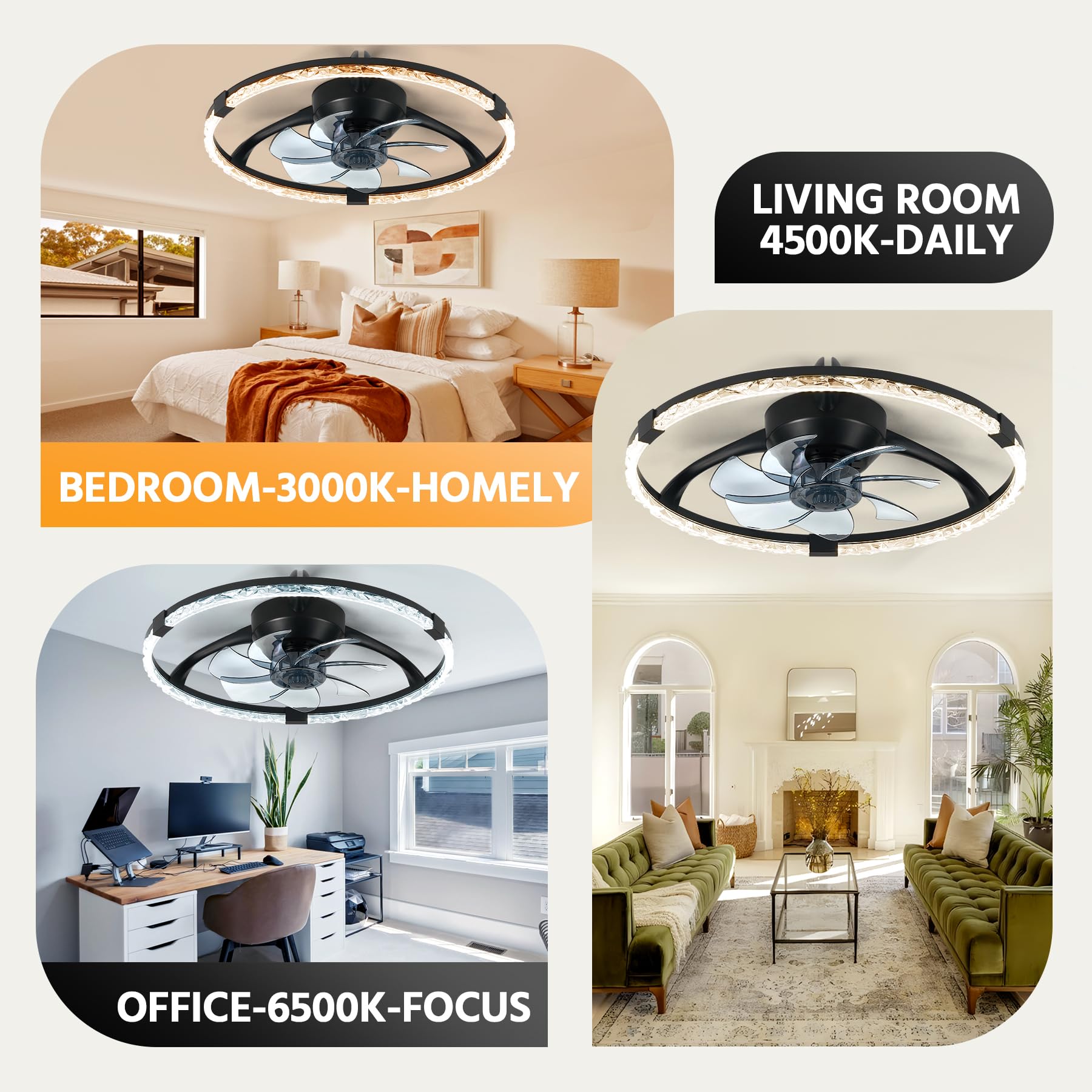 Hordxin Flush Mount Ceiling Fans with Lights and Remote, 19.7'' Ultra Low Profile Ceiling Fan, 3000K-6500K Dimming Modern LED Fan Light, 6 Wind Speeds, Black Fandelier Kitchen Fans Ceiling with Lights