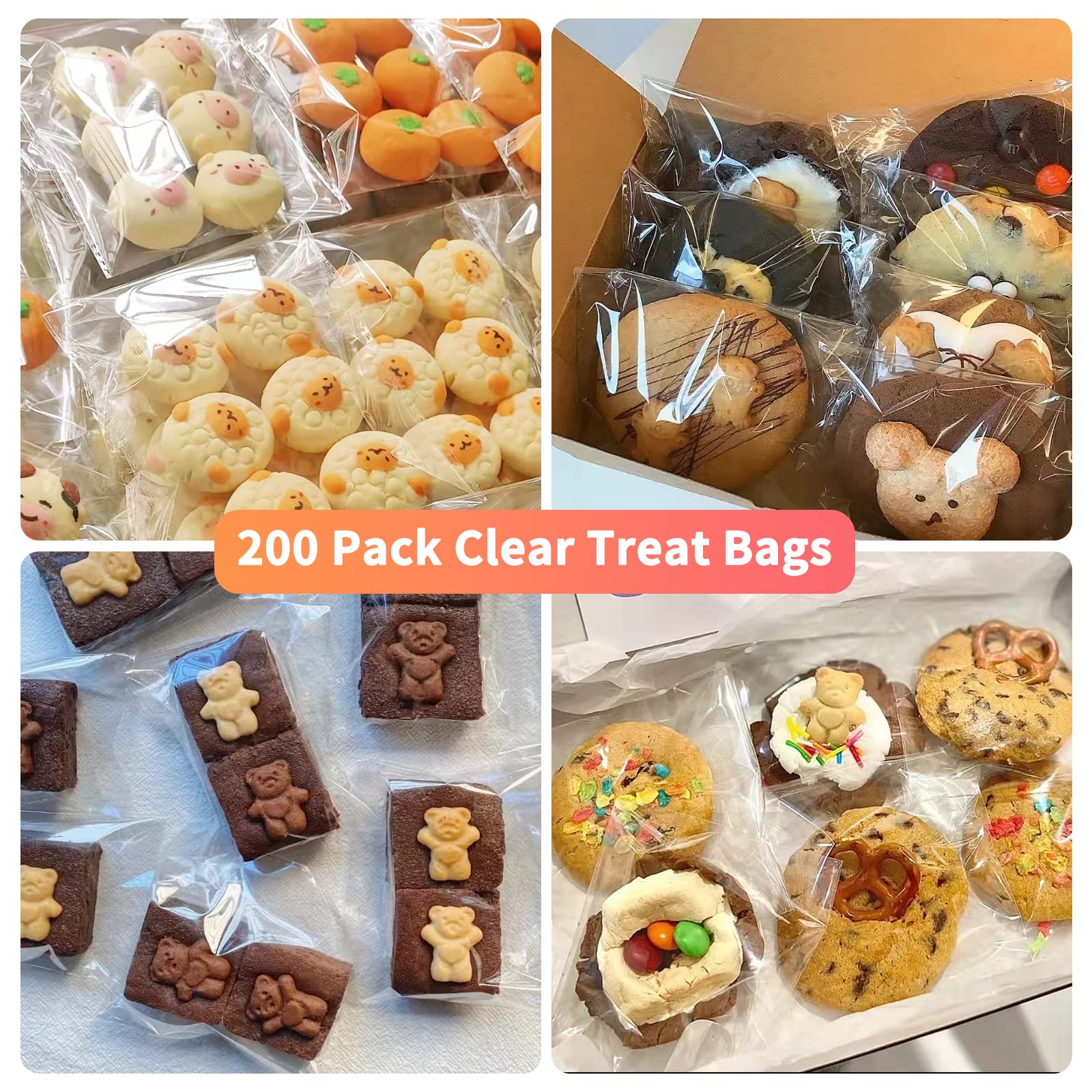 SUREHOME Cookie Bags with Seal, 200 Pcs 5x6 Inch Clear Self Sealing Cellophane Bags for Cookie Packaging Resealable Cello Treat Bag Plastic Individual Cookies Bag for Gift Giving Favors Candy Wrappers