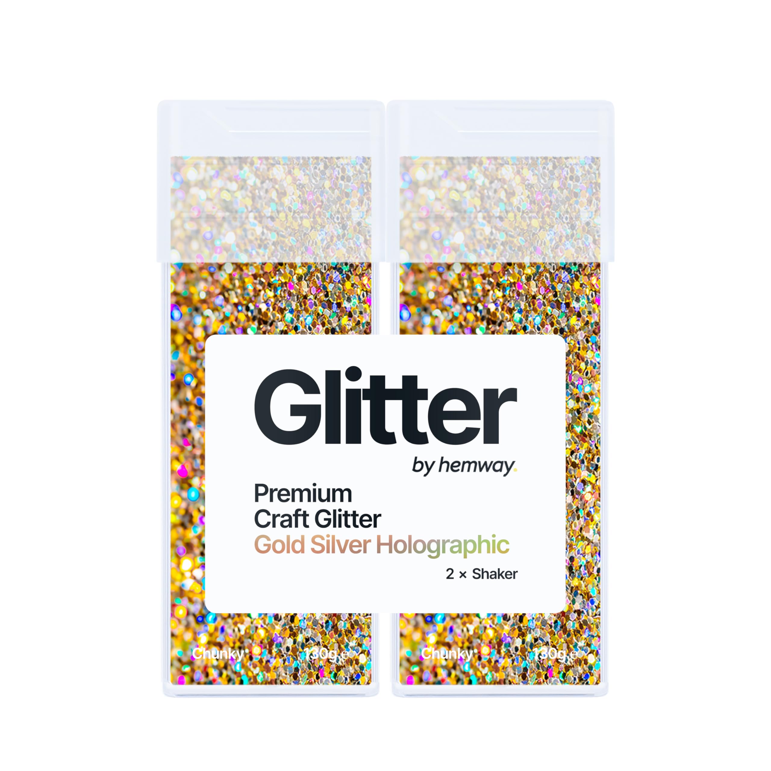 Hemway Glitter Shaker Gold Silver Holographic 130g x2 Pack Chunky, Craft Glitter Shakers for Resin & Epoxy Crafts, Christmas Art Supplies, Nail, Body, Face, Eye, Festival, Crafting, Slime, Sparkle