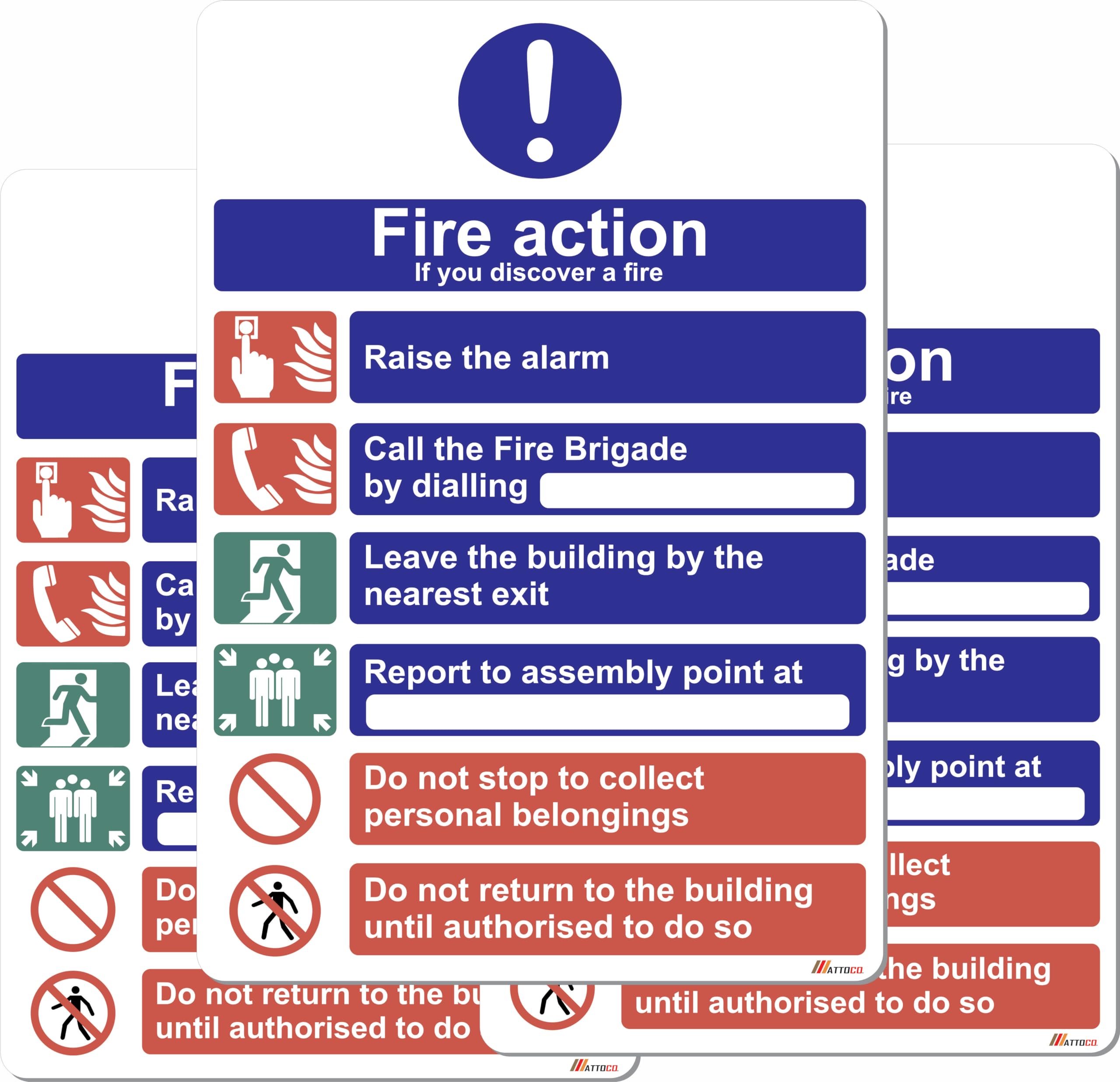 Fire Action Sign 1mm Rigid Plastic 6 Message Risks Sign - Portrait - 315 mm x 215 mm Approx A4 Size - 3 Pack - Clipped corners - By Attoco