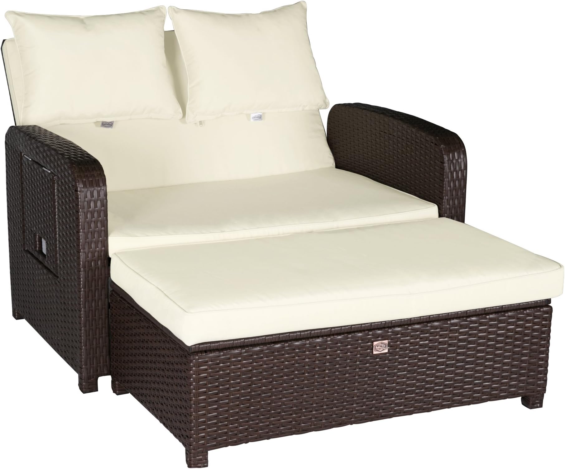 Homevibes 2 Pieces Patio Wicker Love Seat Sofa Daybed Set Outdoor Rattan Love Seat with Ottoman Chaise Lounge Chair, Creamy White Cushions with Cocoa Brown Rattan