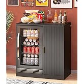 Lamtor Fluted Mini Fridge Cabinet with Storage and Power Outlet &amp; Base | Coffee Bar Cabinet with Fridge Space, Snack Cabinet with Adjustable Shelf, For Living Room Kitchen, Black