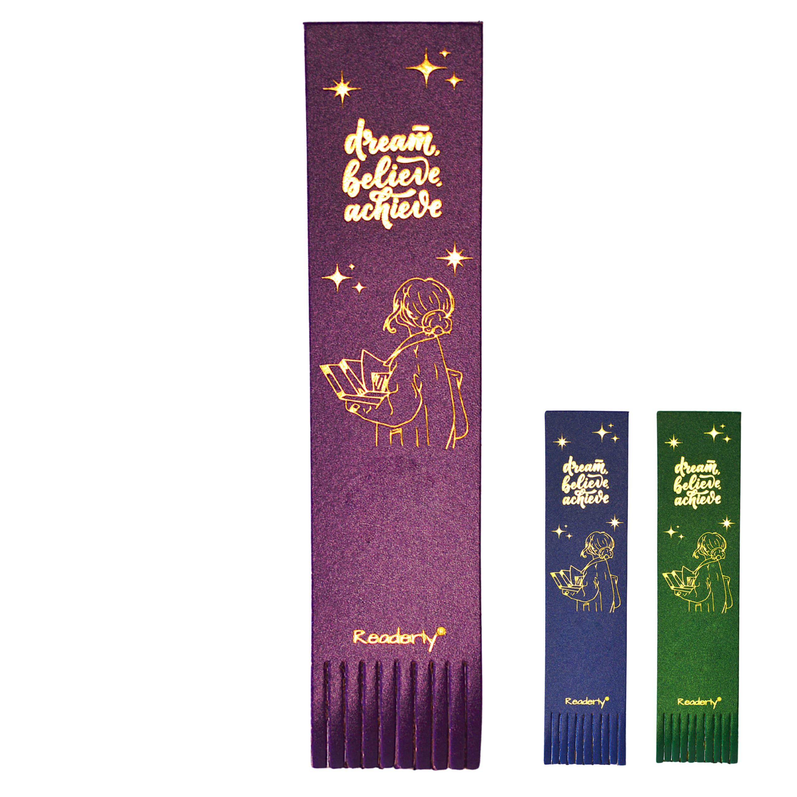 Readerly Leather Bookmark – Dream Believe Achieve with Gold Foil, Book Mark Gift for Readers - Inspirational Gift for School Kids, Graduation, College (Imperial Purple)