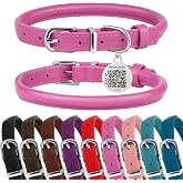 Rolled Leather Dog Collar, QR Tag, Anti-Tangle (S 12-14", Hot Pink) | Soft &amp; Glossy Leather, Prevents Tangling &amp; Matting, QR ID Tag, Fits Small to Large Dogs