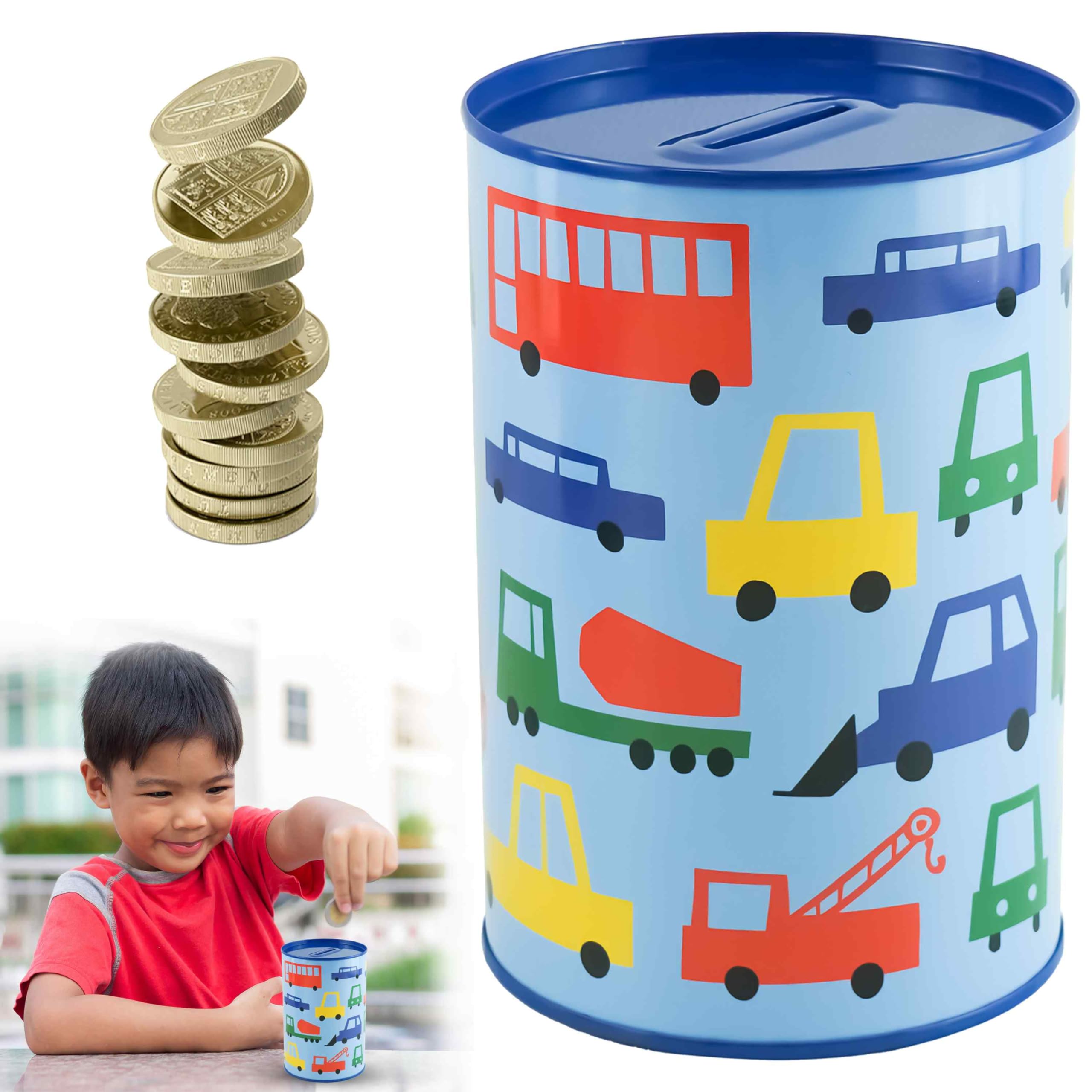 Money Saving Tin Trucks Printed Design Piggy Bank for Kids Boys and Girls, Sealed Slot for Coins and Notes, Safe Summer Home or SchoolSize-15cm — image 1