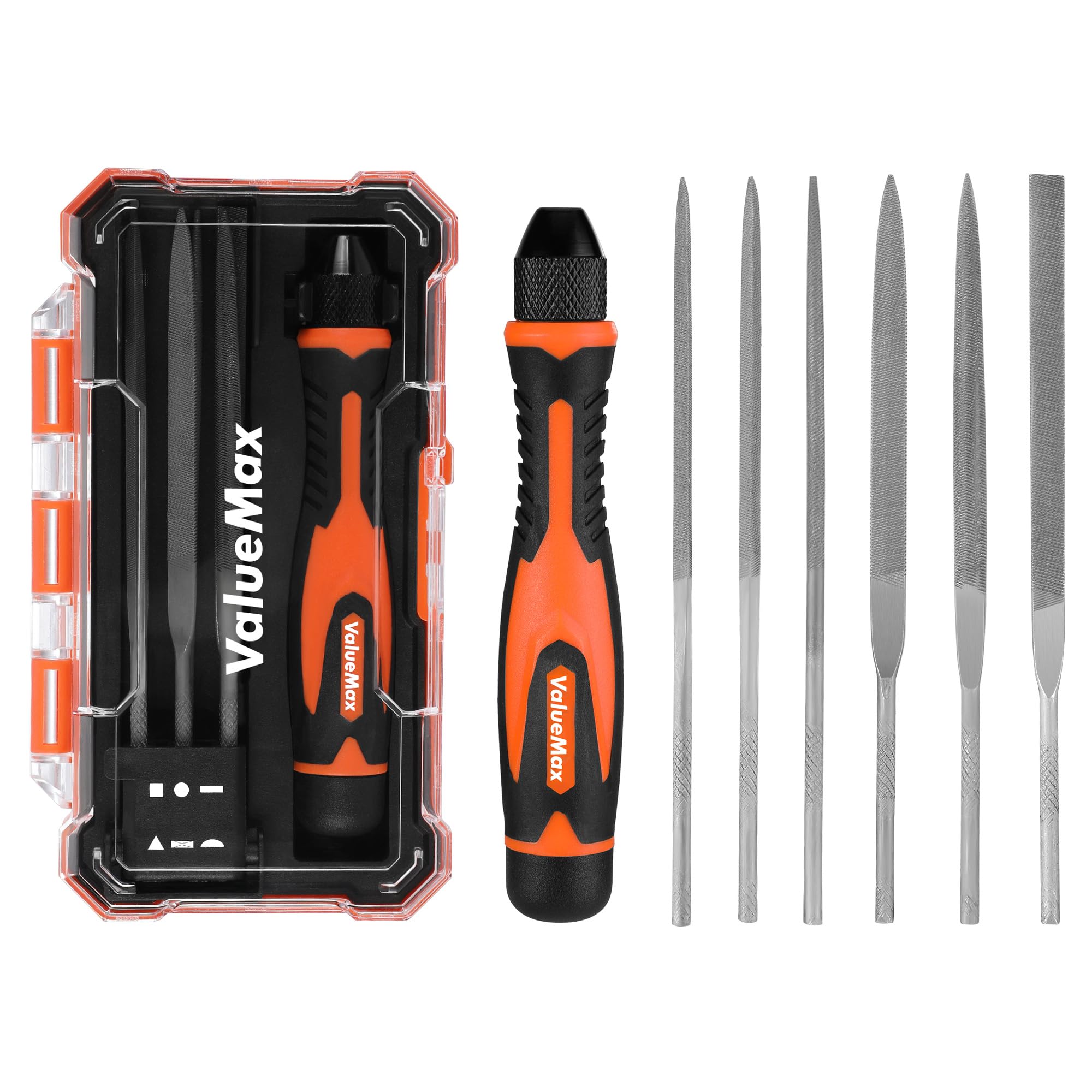 ValueMax Needle File Set, Interchangeable Mini Wood Metal File Set, 6PCs Files with Handle, Flat, Round, Square and Triangle for Precision Crafts, Metal & Wood Work