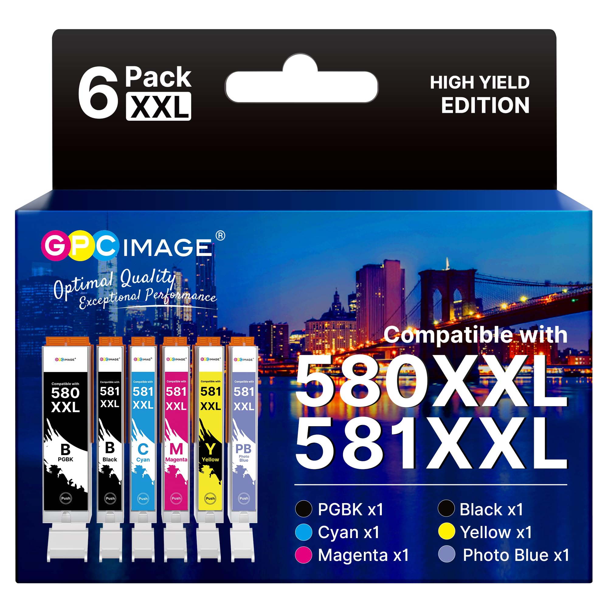 GPC Image 6-Pack 580 581XXL Ink Cartridges Compatible for Canon 580 & 581 Ink Cartridges for Canon PIXMA TS6350 TS6150 TS6250 TS6300 TS705A TS8150 TR8550 TS6151 TS8250 TR8500 (PGBK/BK/C/M/Y/PB)