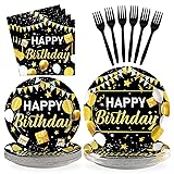 Grencian 96 Pcs Black and Gold Happy Birthday Party