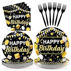 Grencian 96 Pcs Black and Gold Happy Birthday Party
