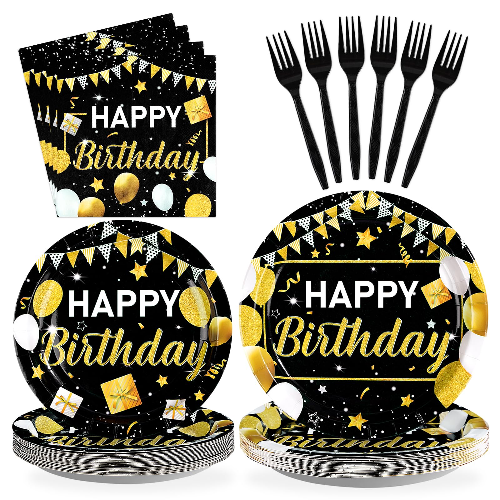 Grencian 96 Pcs Black and Gold Happy Birthday Party
