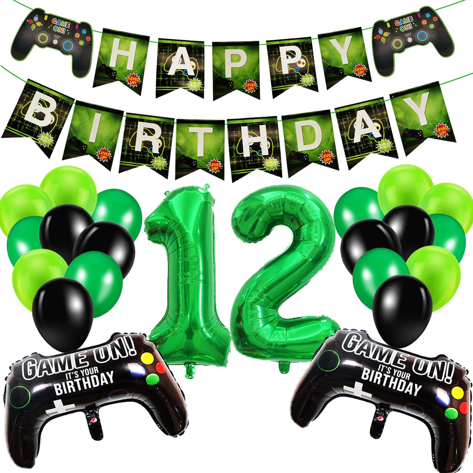 12th Birthday Decorations for Boys, Gaming Party Decorations Set for Gamers, Happy Birthday Banner Game Controller Balloons Black Green Balloons for Kids Teenagers Party Supplies
