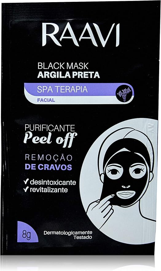 Pack Máscara Peel Off Argila Preta, 50 sachês de 8 gramas, Black Mask, Raavi