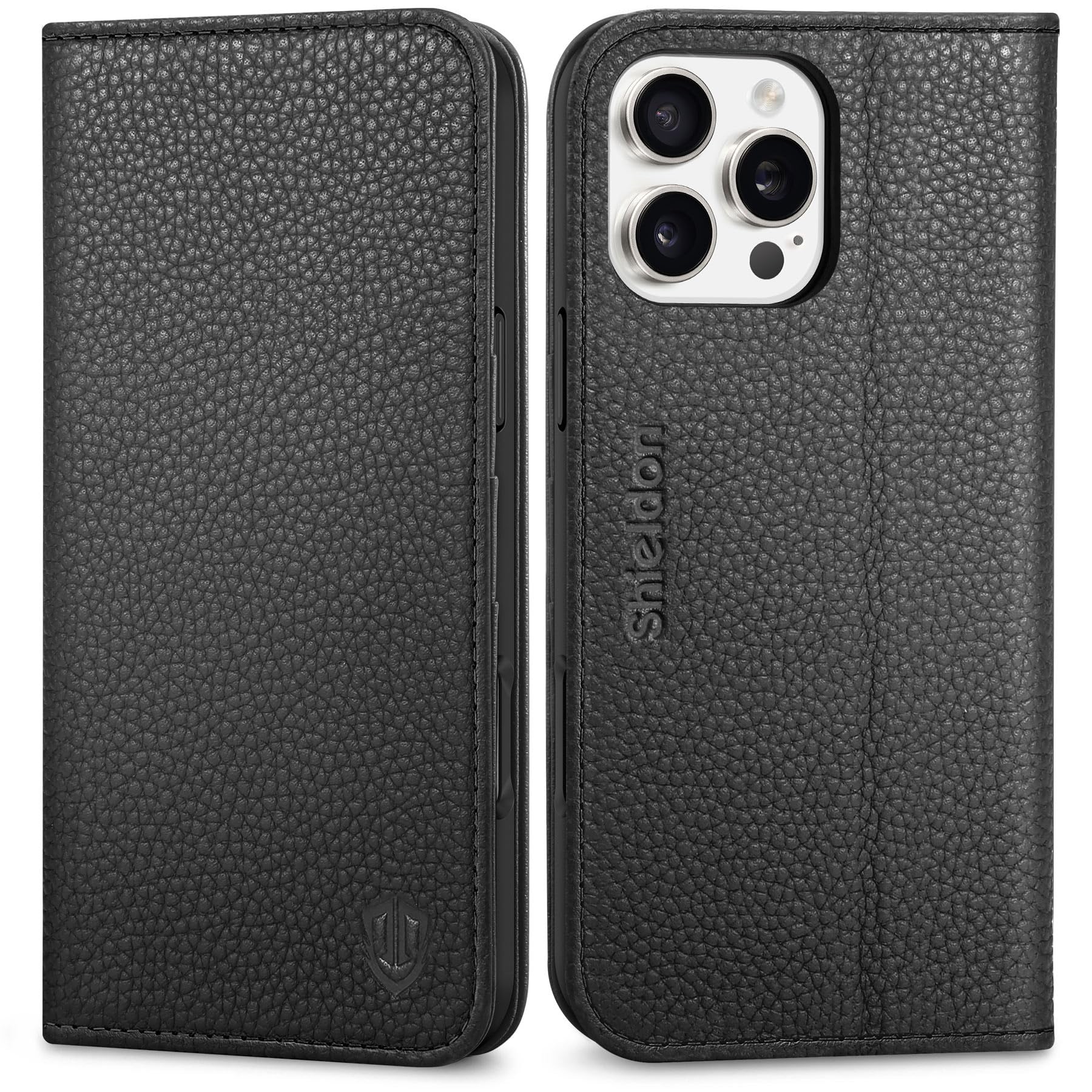 Photo 1 of SHIELDON Case for iPhone 16 Pro Max 5G, Genuine Leather Wallet Folio RFID Blocking Card Holder Kickstand Magnetic Shockproof Protective Case Compatible with iPhone 16 Pro Max 6.9" 2024 - Pebbled Black