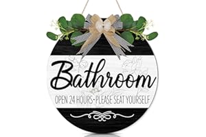 CHDITB Bathroom Wall Decor, Funny Bathroom Wooden Wreath Sign, Rustic Round Humorous Wood Hanging Plaque, Open 24 Hours Pleas