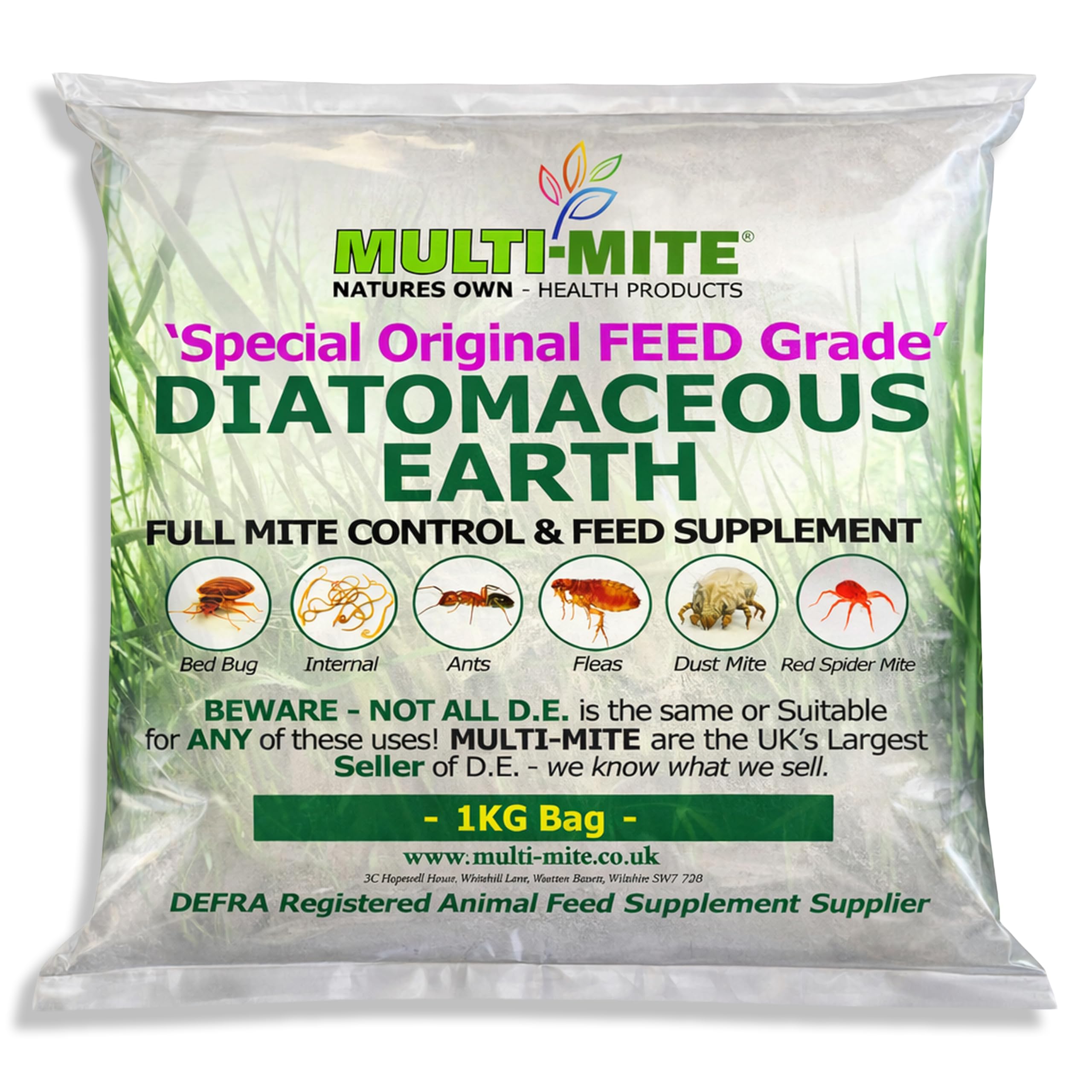 Multi-Mite® 1KG DIATOMACEOUS EARTH Feed Grade - Red Mite Fleas and All Animal Lice Control Powder