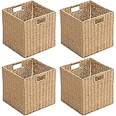 Handwoven Paper Woven Cube Basket Organizer with Handles set of 4 Foldable Storage baskets for Bedroom Living Room Cubby Storage Units for Clothes Books Toys (Natural, 13" L x 13" W x 13" H)