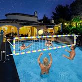 Pool Volleyball Net Set for Inground Pools, 15-32FT with Solar LED Lights | Adjustable length, 8 light modes, Solar power, Type C port, Glow ball, 25L PVC bags, Quad straps, Tearproof PE, Tool free