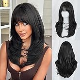 7JHH WIGS 24 Inch Natural Black Layered Tail Bangs Wig with Dark Roots Jet Black Medium Length Wig Synthetic Heat Resistant Fiber Wig for Women Fashion Edgy Daily Party Cosplay