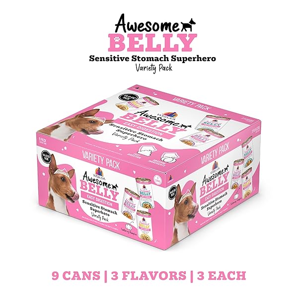 AWESOME BELLY WET DOG FOOD, SENSITIVE STOMACH SUPERHERO VARIETY PACK, 14OZ CAN (PACK OF 9)