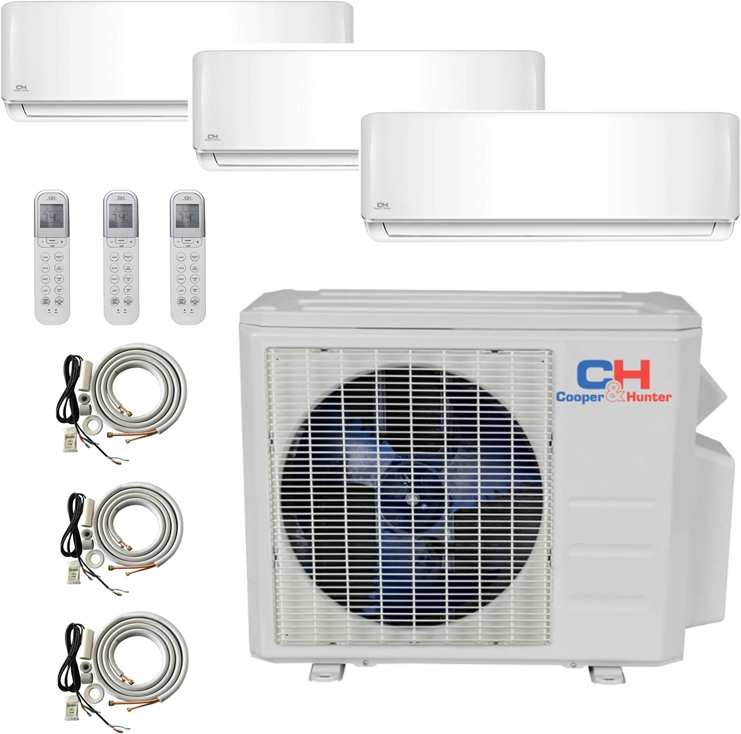 COOPER AND HUNTER 3 Zone Mini Split - 9000 + 12000 + 24000 - Ductless Air Conditioner - Pre-Charged Tri Zone Mini Split - Includes Three 25' Linesets - Premium Quality - USA Parts & Support
