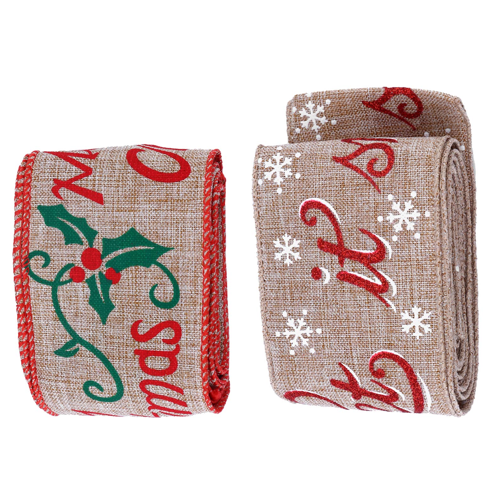 2pcs Christmas Burlap Ribbon Vintage Rustic Wrapping Wired Edge Ribbon Roll for Holiday DIY Crafts Packaging Wreath Bows Wedding Christmas Tree Decor
