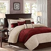 Madison Park Palmer Comforter Set-Luxury Faux Suede Design, Striped Accent, All Season Down Alternative Bedding, Matching Shams, Decorative Pillow, Bed Skirt, Queen (90 in x 90 in), Red 7 Piece