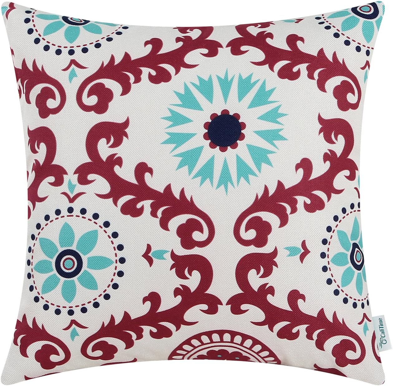 CaliTime Canvas Throw Pillow Cover Case for Couch Sofa Home Decoration Three-Tone Dahlia Floral Compass Geometric 18 X 18 Inches Red Wine/Turquoise/Navy