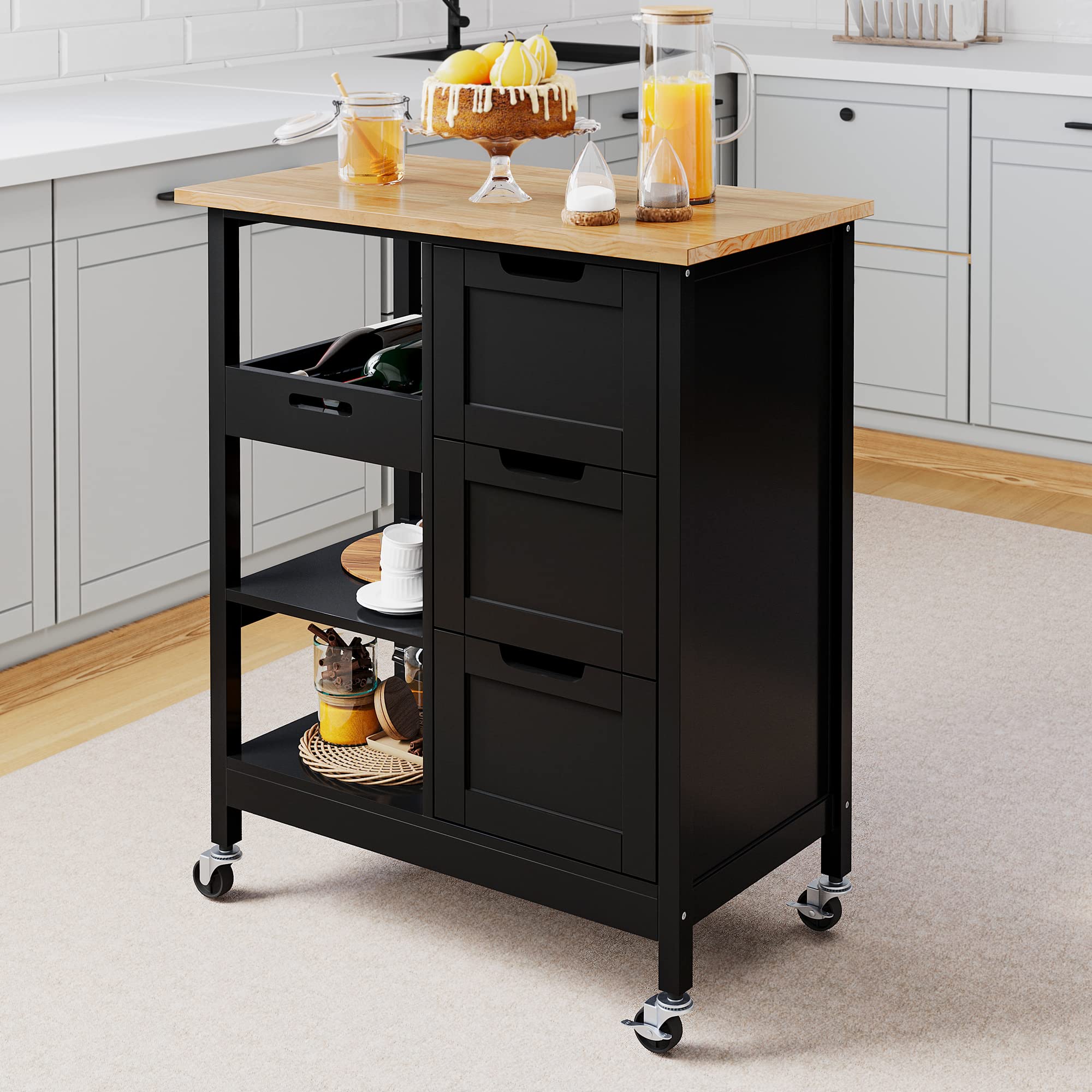 Photo 1 of YITAHOME Kitchen Island with Storage, Kitchen Cart for Home, Rolling Serving Utility Trolley Cart on Wheel with 3 Drawers and 3 Storage Shelves, Kitchen Serving Cart for Dining Room, Bar, Black