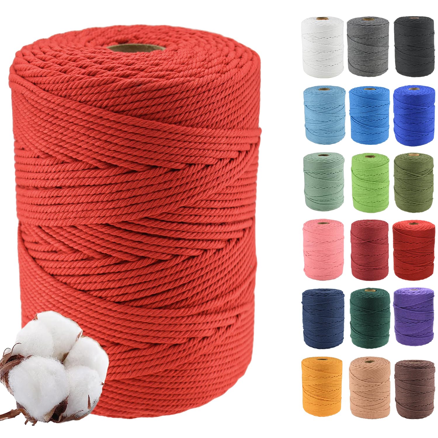 Klhamky 3mm×500m Macrame Cotton Cord, Soft 4 Strand Twisted 100% Natural Cotton for Handmade Wall Hanging, DIY, Craft Making, Knitting, Plant Hangers, Decorative Projects (3mm×500m, Red) — image 1