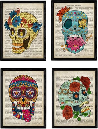 Nacnic Set de 4 láminas de Enciclopedia Vintage con Coloridas Calaveras Mexicanas Sugar Skull del Día de los Muertos. Tamaño A4. Sin Marco.: Amazon.es: Hogar