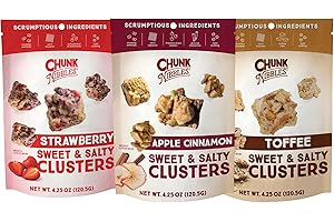 Chunk Nibbles Variety Snack Pack - Strawberry, Apple Cinnamon, Toffee Clusters - Gourmet Sweet & Salty Treat - Handcrafted, No Artificial Colors - 4.25oz Resealable Pouch (3 Pack)