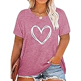 Plus Size Valentines Day Shirts Women Love Heart Print Short Sleeve Tops Casual Tees Blouse