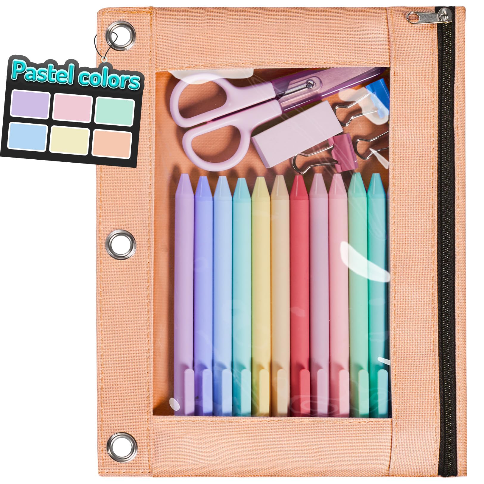 Photo 1 of Forvencer Pencil Pouch for 3 Ring Binder, Pastel Pencil Case with Smooth Zipper, Cute Soft Pencil Bag with Clear Window & 3 Reinforced Grommets, Big Capacity Binder Bag, School Office Supplies, Orange