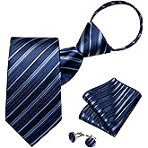 DiBanGu Silk Zipper Ties for Men,Paisley Solid Plaid Pre-tied Tie and Pocket Square Cufflinks Set Formal Adjustable Necktie
