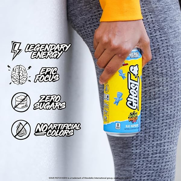 GHOST ENERGY DRINK – 12-PACK, SOUR PATCH KIDS BLUE RASPBERRY, 16OZ – ENERGY & FOCUS & NO ARTIFICIAL COLORS – 200MG NATURAL CAFFEINE, L-CARNITINE & TAURINE – GLUTEN-FREE & VEGAN