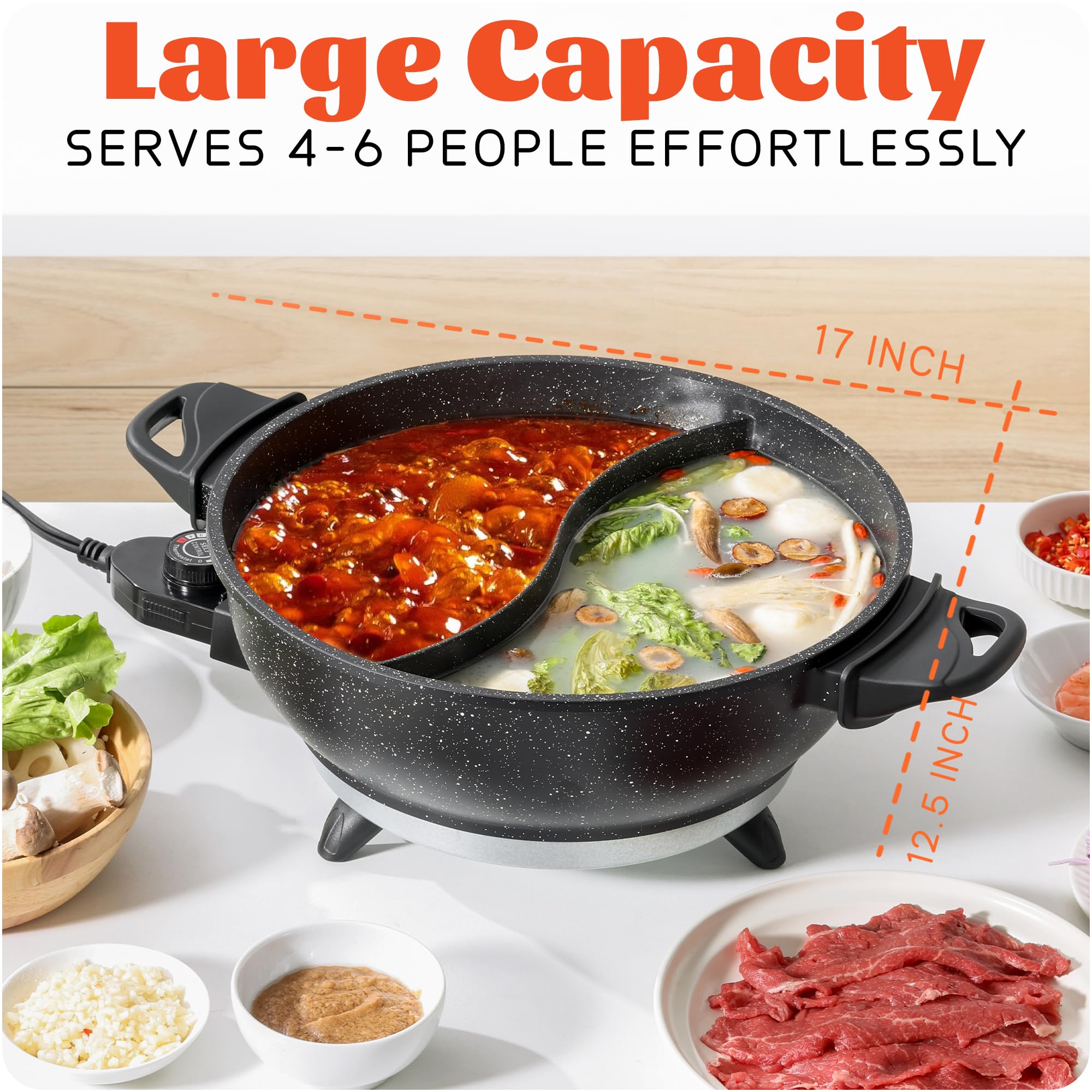 4.5 QT Electric Hot Pot with Divider - Dual-Flavor Shabu Shabu Pot with Slow Cooker Function, 1500W, Ideal for Family Meals & Social Gatherings, Black