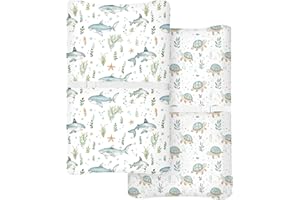 WOODIVILLE Changing Pad Cover for Baby Boys Girls 2 Pack, Fits Standard 32”×16” Changing Table Pads, Silky Breathable Stretch Knit, Machine Washable (Turtle & Shark)