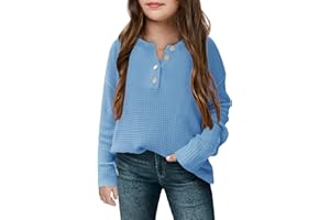 rrhss Girls Waffle Knit Sweaters Trendy Henley Button V Neck Long Sleeve Pullover Jumper Tops