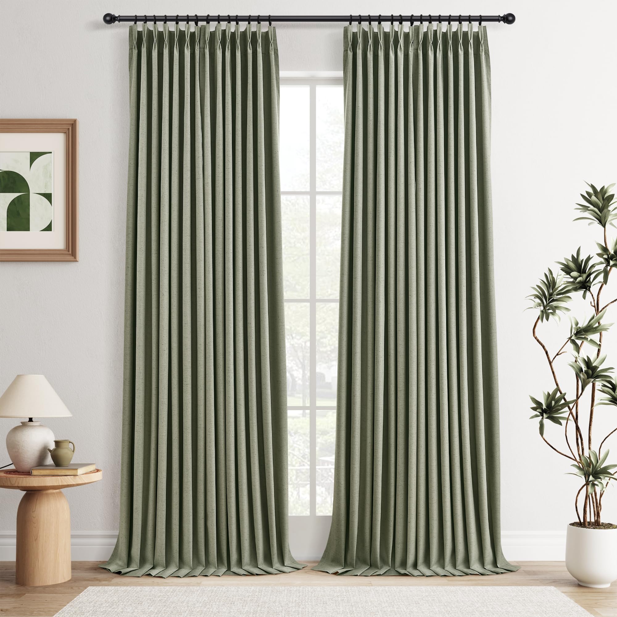 Photo 1 of 100% Blackout Pinch Pleat Linen Curtains 108 Inch Length Pleated Curtain Panels Thermal Insulated Privacy Protection Ceiling to Floor Linen Blended Drapes for Bedroom Living Room 9 FT Sage Green