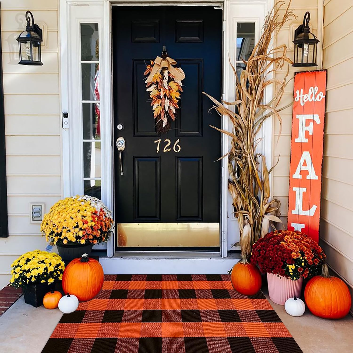 Rugs, Pads & Protectors - Fall Outdoor Rug Orange Buffalo Plaid Outdoor Rug Cotton Hand-Woven Buffalo Check Rug Layered Doormats for Front Door/Front Porch/Farmhouse/Entryway/Patio(Orange and Black Plaid, 27.5'' x 43'')