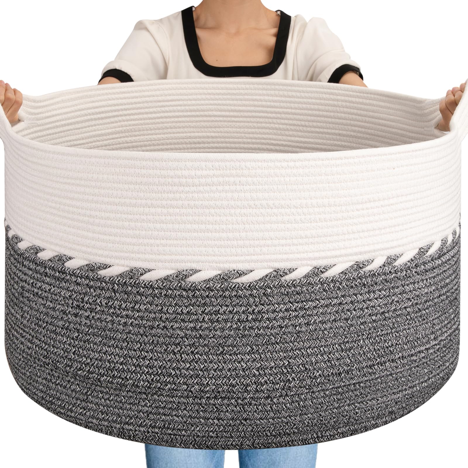Photo 1 of OIAHOMY 125L Extra Large Blanket Basket, 25" x 16", Jumbo Laundry Hamper, Cotton Rope Basket with Handles,Baby Toy Storage Bins,Black