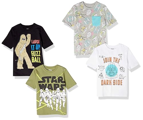 Amazon Essentials Disney | Marvel | Star Wars Boys' Short-Sleeve T-Shirts (Previously Spotted Zebra), Pack of 4, Black/Olive/White Star Wars, Large